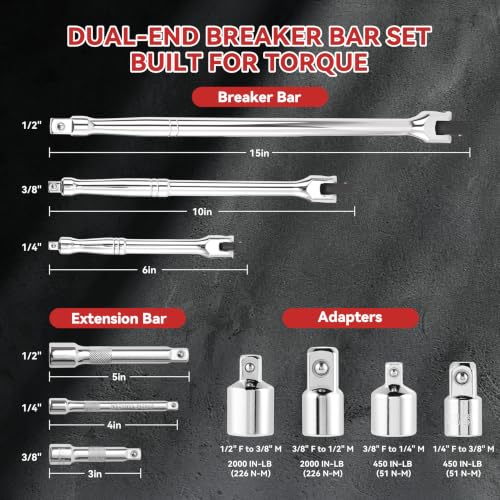 10PC Breaker Bar Set, Dual-end 3 Extension Bars, 3/8", 1/2" 1/4" Drive | 3/8", 1/2" and 1/4" Drive, 180° Rotatable Head, 6'', 10'', 15'' Length, 3 Extension Bars, Organizer Case - style: Dual-ended