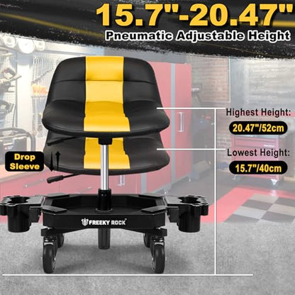 Rolling Stool with Wheels, Adjustable Height Pneumatic Garage Work Mechanic Stool Seat with Backrest, 400 LBS Capacity 360° Swivel Mechanic Crepper Chair with Tool Tray Storage, Yellow - color: Yellow