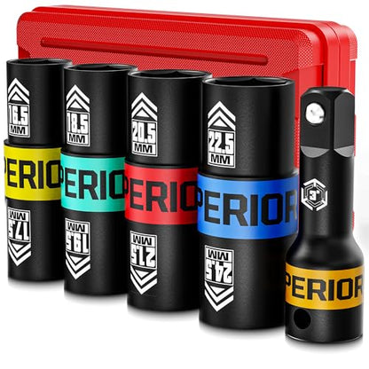 1/2" Drive Lug Nut Socket Set, 16.5-24.5 mm Flip Socket Set, 5 Pcs Thin Wall Nut Sockets with 3" Extension Bar, Remove Bloated Warped, Damaged Lug Nuts