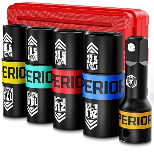 1/2" Drive Lug Nut Socket Set, 16.5-24.5 mm Flip Socket Set, 5 Pcs Thin Wall Nut Sockets with 3" Extension Bar, Remove Bloated Warped, Damaged Lug Nuts