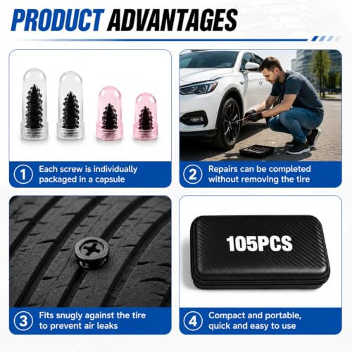 105PCS Tire Screw Plug Repair kit, Screw in Rubber Plugs No Tire Removal Flat Tire Fix Tool Set for Car Truck Motorcycle SUV ATV, Heavy Duty Emergency Tire Puncture Repair Kit with Pliers and Tools