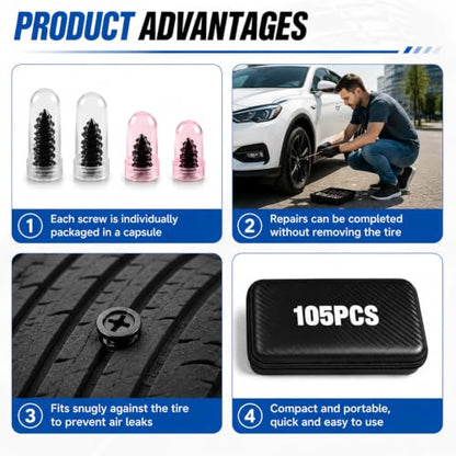 105PCS Tire Screw Plug Repair kit, Screw in Rubber Plugs No Tire Removal Flat Tire Fix Tool Set for Car Truck Motorcycle SUV ATV, Heavy Duty Emergency Tire Puncture Repair Kit with Pliers and Tools