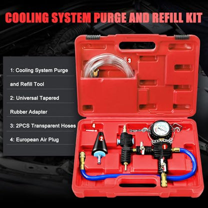 JIFETOR Radiator Coolant Refill Cooling System Vacuum Purge Tool Kit Red | Universal Automotive Water Tank Pneumatic Vacuum Antifreeze Change Filler Set Tapered Adapter Case Hose for Car Van SUV Truck - color: Red Case