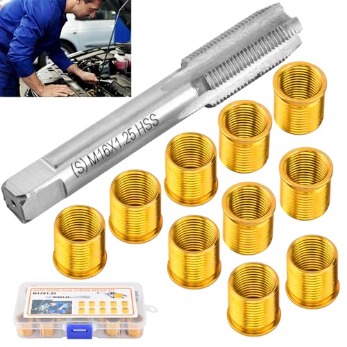 NINEFOX Spark Plug Thread Repair Kit Insert and Tap Set M14x1.25 | 11 piece spark plug rethreading kit with 10 inserts and 1 tap for cylinder head thread repair on cars, trucks, and generators - size: M14x1.25