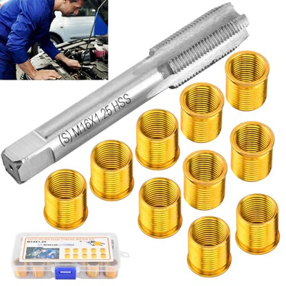 NINEFOX Spark Plug Thread Repair Kit Insert and Tap Set M14x1.25 | 11 piece spark plug rethreading kit with 10 inserts and 1 tap for cylinder head thread repair on cars, trucks, and generators - size: M14x1.25