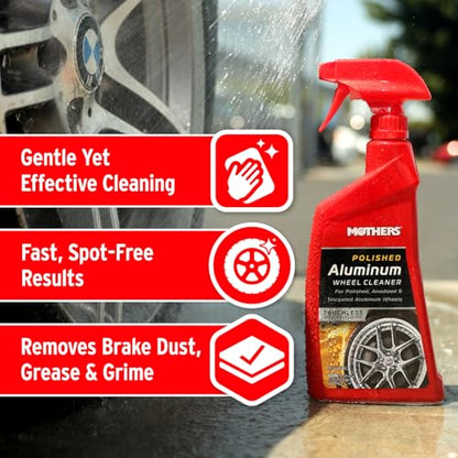Mothers Polished Aluminum Wheel Cleaner, 24 oz. (06024) | Safely Cleans Uncoated Polished Aluminum & Anodized Wheels, Removes Brake Dust, Grease, Dirt & Grime, Easy Spray-On, Hose-Off - size: 24 Fl Oz (Pack of 1)