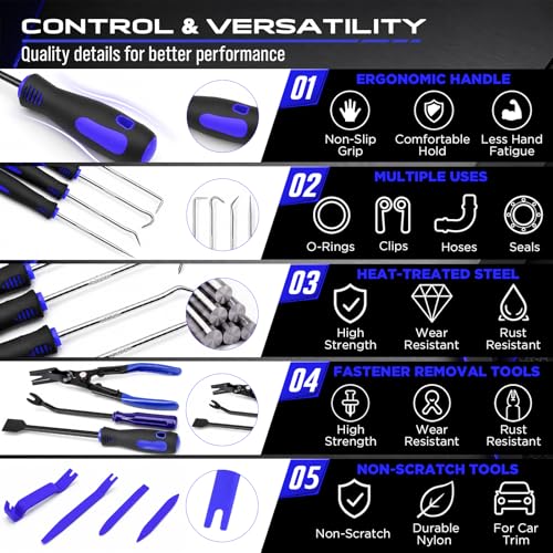 17PCS Pick and Hook Tool Set with Magnetic Pickup Tool, Trim Removal Tools, Clip Removal Plier, Fastener Removers and Gasket Scraper for Automotive, O-Ring, Gasket, Hose, Panel Removal and Car Repair - color: 17PCS Full Removal Tool Kit