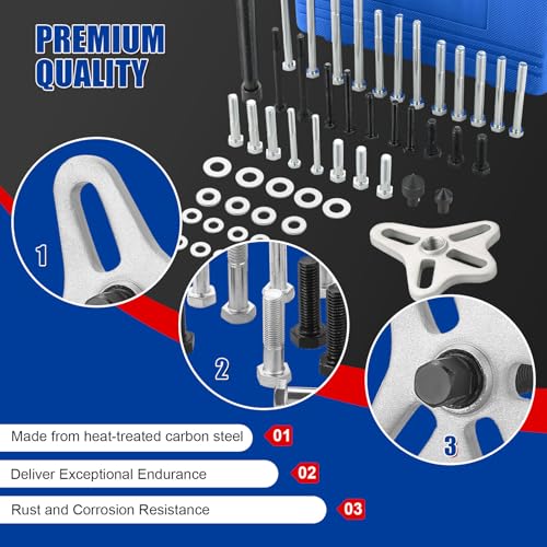 NYXOVA 46pcs Harmonic Balancer Puller Set, Steering Wheel Flywheel Crankshaft Pulley Puller kit with Harmonic Balancers, Crankshaft Pulleys and Gears, Work on Most Cars, Pickups, SUVs (Blue) - color: Blue