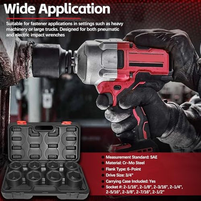 3/4" Drive Spindle Axle Nut Impact Socket Set, 6 Point Large Socket Set, CR-MO, 2-1/16" to 2-1/2", Heavy Duty Impact Socket Set Use In Removing And Installing Axle Nuts