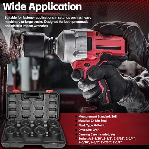 3/4'' Drive Spindle Axle Nut Impact Socket Set, 8 Pack Large Impact Socket Set, Axle Nut Socket Set, 6 Point SAE Size 2-1/16" to 2-1/2", For Wheel Hub Axle Nut Removal and Installation