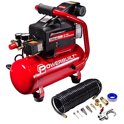 Powerbuilt 3 Gallon Air Compressor – 125 PSI, Oil-Free, Quiet Hot Dog Style – Includes 25 Ft. Air Hose & 10-Piece Accessory Kit – 240039