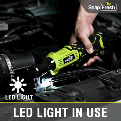 SnapFresh 12V Electric Ratchet Cordless, 3/8" with 9 Socks & 1/4" Adapter | UL Certificated Battery & Charger, 55Ft-lbs Torque,0-220RPM Speed Control, 2 Battery, 50-min Runtime, Cordless Ratchet Wrench