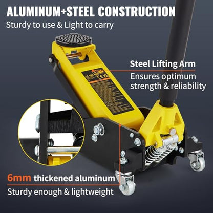 1.5 Ton Low Profile Aluminum Steel Racing Floor Jack Dual Pump Lift | Heavy-duty steel & aluminum construction, 3300 lbs capacity, dual pump system, low profile design for easy car lifting,