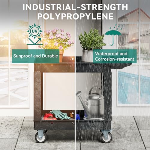YITAHOME Black Utility Cart on Wheels, 550 lbs Capacity, 40 x 17 Inch | Rolling Work Carts with Wheels, 2 Shelf Heavy Duty Plastic Service Cart Suitable for Warehouse, Garage, School & Office