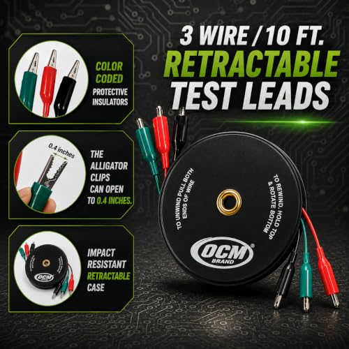 OCM - 3 Wire Retracteable Test Leads - 18 Gauge Electrical Copper Wire, Alligator Clips, Impact Resistant Case