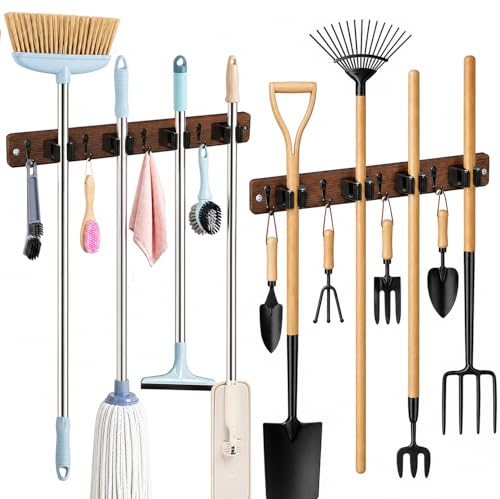 AceMining 2 Pack Broom Holder Wall Mount, 4 Holders 4 Hooks Mop Holder | Mop Holder Wall Mount and Broom Hanger for Garage, Laundry Room, Kitchen and Utility Storage - color: Brown, size: 2 Pack