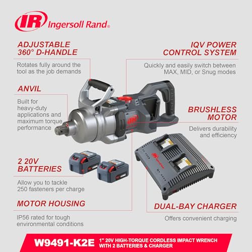 Ingersoll Rand W9491-K2E Cordless 1" High-Torque Impact Wrench Kit, Includes 2 BL2022 5.0Ah Batteries and Dual-Bay Charger - size: Standard Anvil, style: 2 Battery Kit