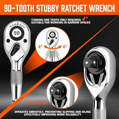HORUSDY 3 Piece 90T Stubby Ratchet Handle Set, 1/4" 3/8" 1/2" Drive Mini Socket Wrench, Compact Reversible Ratchets for Tight Spaces, Car & Home Repair, DIY, Mechanic Tool - style: 1/4" 3/8" 1/2" Drive 90T Set