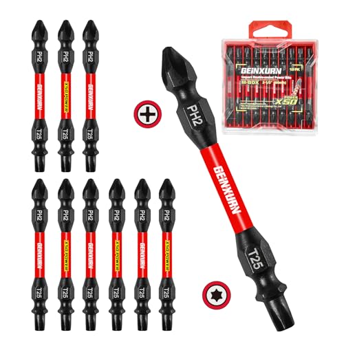 Geinxurn 10Pcs PH2-T25 Impact Double End Screwdriver Bit Set, 2.56 in. #2 Phillips /#25 Torx Power Driver Bits, Magnetic S2 Steel Two Sides Screwdriver Bits Set with Storage M-Box - style: 2.56"-PH2/T25-10PC