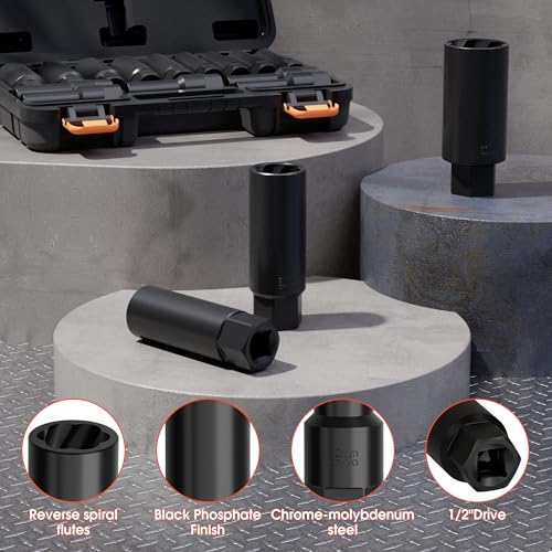 17PCS 1/2" Drive Deep Bolt Extractor Set (85mm Length), Cr-Mo Steel Spiral Socket Set for Removing Damaged, Frozen, Rusted, Stripped & Rounded-Off Bolts, Nuts & Screws