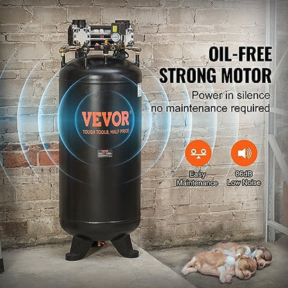 VEVOR 80 Gallons Air Compressor, 6.5HP 15.5SCFM@90 PSI Oil-Free Air Compressor Tank with 145PSI Max Pressure, 86dB Quiet Air Tank for Industrial Manufacturing, Air Brushing, Spraying (3-Phase Power) - size: 80 Gallon | 3-Phase Power