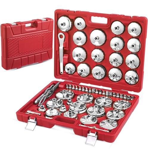 Auto Oil Filter Socket Wrench Set, Stainless Steel, 1/2 inch Drive | Cup Type Cap Removal Tool, With Drain Plug Socket Set, Compatible Car, SUV - color: Red