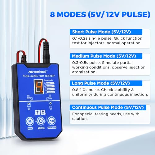 Fuel Injector Tester Cleaner Kit for Auto & Motorcycle | 8 adjustable pulse modes; compatible with 12V/5V; 6 size adapters; LCD display; dual channel 4-wire design