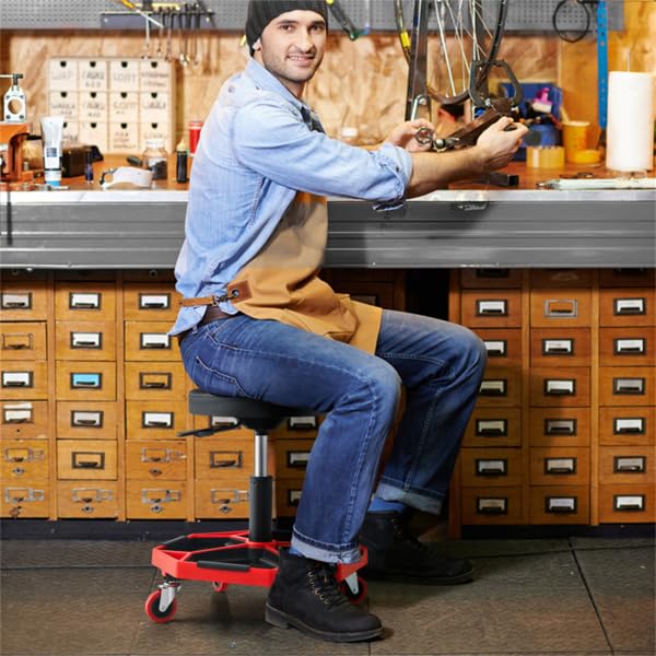 Heavy Duty Rolling Mechanic Stool, Adjustable Height Garage Shop Seat with Tool Tray Storage, 360° Swivel Caster Workshop Stool for Auto Repair, Professional Technician Rolling Work Seat