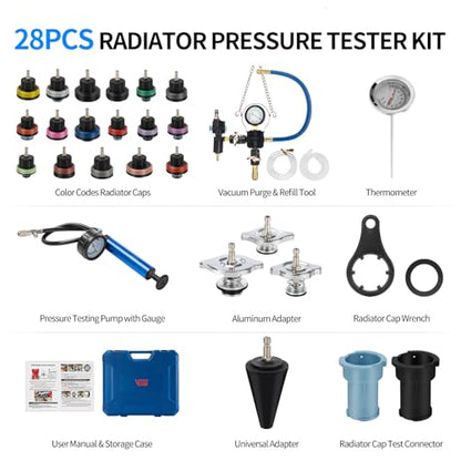 VTG VOGTEN 28PCS Coolant Pressure Tester & Vacuum Refill Kit,Radiator Pump Pressure Tester Kit for Automotive Cooling System Water Tank Leakage Detection - color: Blue