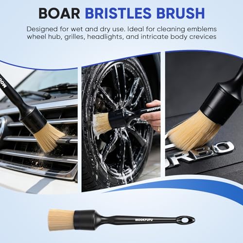 Car Detailing Brush, 6PCS Ultra Soft Boars Hair Car Interior Exterior Detailing Brushes, Scratch-Free Car Cleaning Dust Brush for Dashboard, Emblem, Air Vents, Wheels, Leather Seat - color: Black