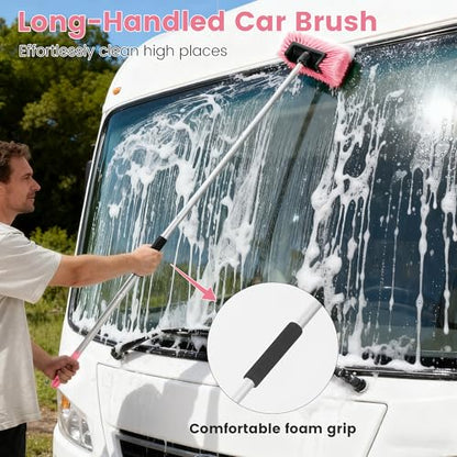 Car Wash Brush with Long Handle, 60'' Soft Bristle Cleaning Brush, Car Cleaning Brushes, Carwash Brushes for SUV, RV, Boat, Truck, House Siding, Sweep Snow,Pink - color: Pink