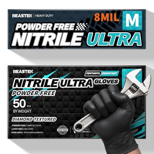 BEASTEK Nitrile Disposable Gloves, 8Mil Latex & Powder Free Chemical Resistant Heavy Duty Food Safe Diamond Glove Black 50Pcs - color: Medium (Black)