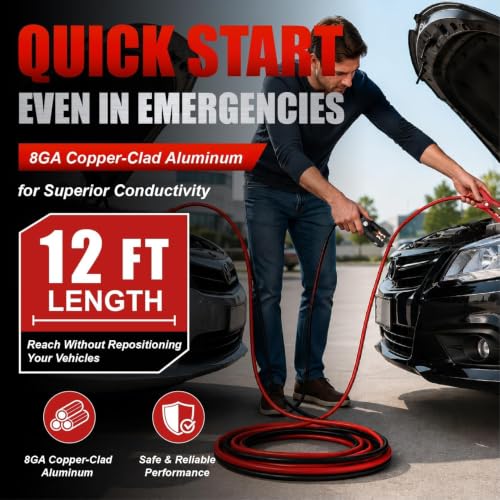 Jumper Cables for Car,8 Gauge 12 Feet Heavy Duty Booster Cable,Quick Connect Automotive Wires with Alligator Clamps,Carrying Bag for Cars Trucks - size: 8 Gauge 12 feet (Standard)
