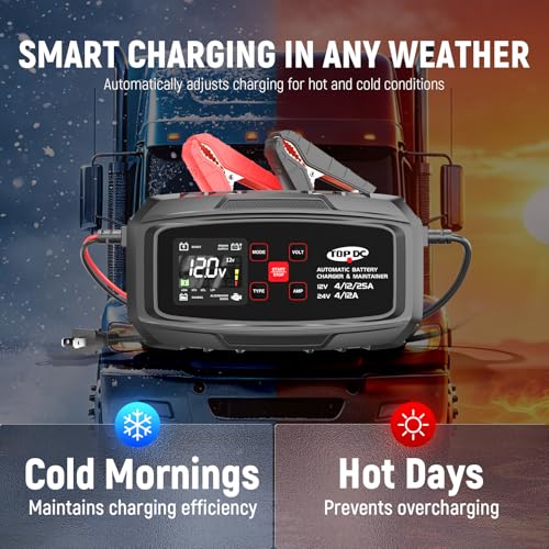 TOPDC 25A 12V/24V Smart Battery Charger,Maintainer, Desulfator & Power Supply with Overcharge Protection & Thermal Compensation for Car, Motorcycle, Lawn,RV, ATV Lead-Acid & Lithium Batteries - size: 25A