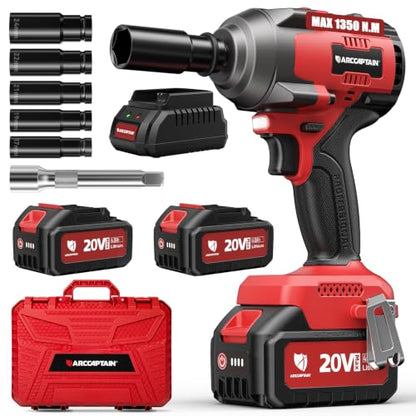 ARCCAPTAIN Cordless Impact Wrench 996Ft-lbs(1350N.m), 1/2 Inch High Torque Impact Gun, 20V 2x4.0Ah Batteries & Fast Charger, 3 Variable Speeds, LED Light, High-Rate Impact Driver for Truck/Car/Pickup