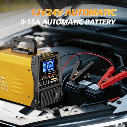 12V 24V Car Battery Charger Heavy Duty, 0-15A Automatic Battery Maintainer, 2026 Upgraded, Fast & Trickle Charge, Pulse Repair, for AGM Lead-Acid Deep Cycle, Car Truck Motorcycle RV Boat Lawn Mower