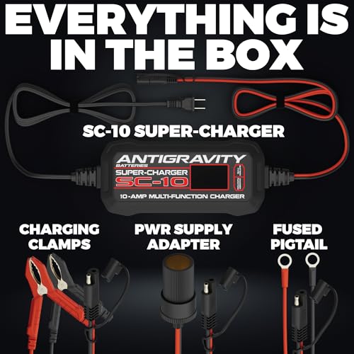 Antigravity SC-10 Super-Charger 10A Smart Battery Charger & Maintainer for 6V/12V Lithium (LiFePO4) & 12V Lead-Acid Batteries – Wall-Powered, LCD Display, Power Supply Mode, BMS Reset