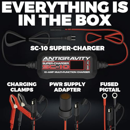 Antigravity SC-10 Super-Charger 10A Smart Battery Charger & Maintainer for 6V/12V Lithium (LiFePO4) & 12V Lead-Acid Batteries – Wall-Powered, LCD Display, Power Supply Mode, BMS Reset
