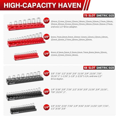 TOOLEAGUE 6Pcs Magnetic Socket Organizer Set,1/4", 3/8", 1/2" Hold 143 Pcs | Strong Magnets, Clear Sockets Size Markings, Red Metric & Black SAE Magnetic Socket Trays (Black, Red)