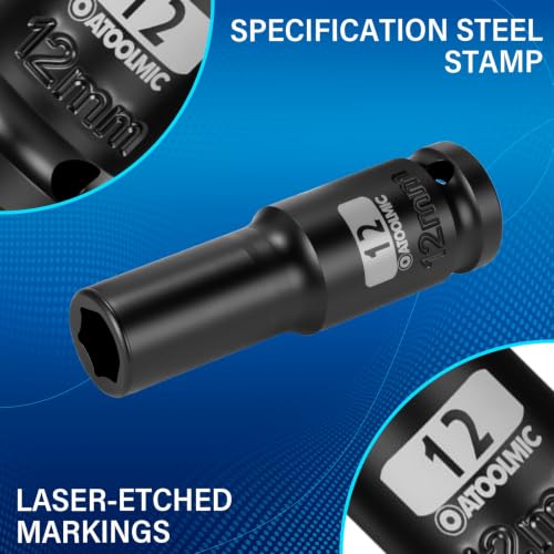 1/2 Inch Drive x 12mm Deep 6PT CR-MO Impact Socket for Removing Axle nut | Metric Socket,6-Point Radius Corner Design,Two Size Markings,Square Chamfered Opening,For Removal of Axle Nut - size: 12 mm, style: 1/2" Drive Deep Socket