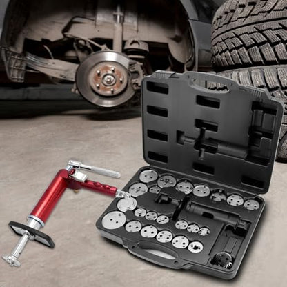 QWORK 24-Piece Pneumatic Brake Caliper Tool Set with Case – Compatible with American, European, Japanese Vehicles, Includes Rewind Tool, Adapters, Brake Caliper Wind Back Tool Professional Brake Tool