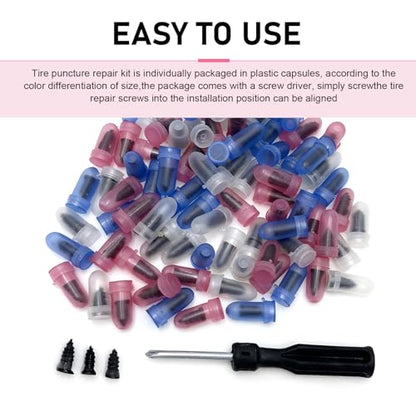 90PCS Car Tire Repair Kit, 3 Size Portable Tire Repair Plugs with Screwdriver, Self-service Threaded Puncture Emergency Repair Sets, Universal for Most Vehicles (Black)