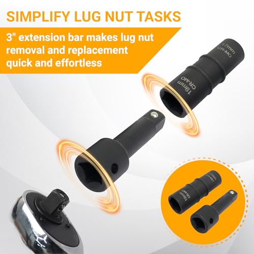 Lug Nut Socket Set, 5pc 1/2" Drive Impact Flip Socket Set with Metric 17 19 21 22 mm & SAE 3/4 13/16 7/8 15/16 in. Sockets, Double Ended Thin Wall Nut Sockets with 3" Extension Bar - size: Flip, 17 19 21 22 mm & 3/4 13/16 7/8 15/16 in.