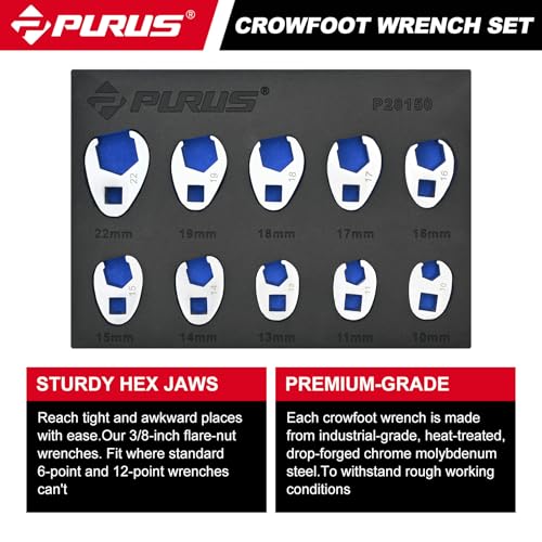 PURUS 10-Piece Metric 3/8" Drive Flare Nut Crowfoot Wrench Set (10-22mm), Innovative 5-Point Full-Contour Design for Tight Automotive & Plumbing Spaces, Custom Tool-Tray EVA Foam Organizer Included