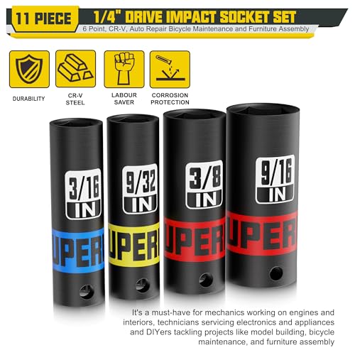 11 Piece 1/4" Drive Impact Socket Set, 5/32" - 9/16" Deep Socket, SAE, 6 Point, CR-V, Auto Repair Bicycle Maintenance and Furniture Assembly - size: 1/4" Deep SAE