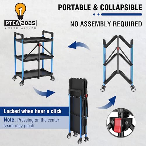 WORKPRO 3-Tier Collapsible Service Cart, Black/Blue, 210 LBS Foldable Utility Cart with Wheels, Portable Rolling Tool Cart for Garage, Warehouse, Home, Restaurant and Office (No Assembly Required) - color: Black/Glossy Blue