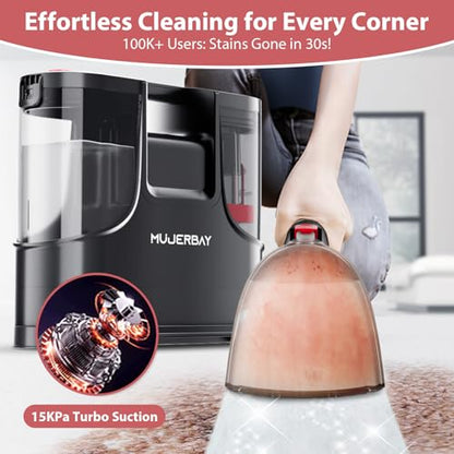Upholstery Carpet Cleaner, MUJERBAY 15Kpa Portable Spot and Stain Cleaner Shampooer, Easy Move with Handle, 1.5-inch Deep Cleaning Machine for Couch, Stairs, Car and Pet Messes. (Black) - color: Black