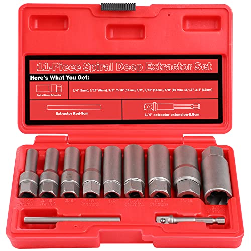 11-Pcs Spiral Deep Bolt Extractor Set, Stripped Bolt Remover Lug Nut Extractor Set, Stripped Lug Nut Remover for Broken Damaged Rounded-Off Bolts, Nuts, Bolts, Studs, Fittings, Threaded Tubes - size: 11Pcs