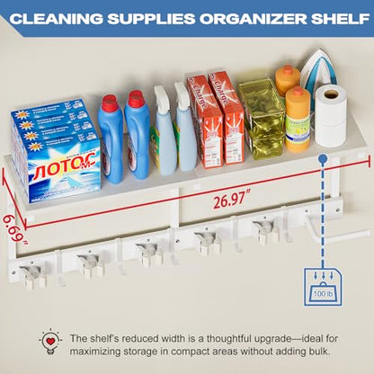 Broom Holder Wall Mount with Cleaning Supplies Organizer, Laundry Room Organization and Storage Shelf with Mop Hanger Rack Gripper Hooks, Utility Shelf Closet Organizer Floating Shelves for Garage - size: Large