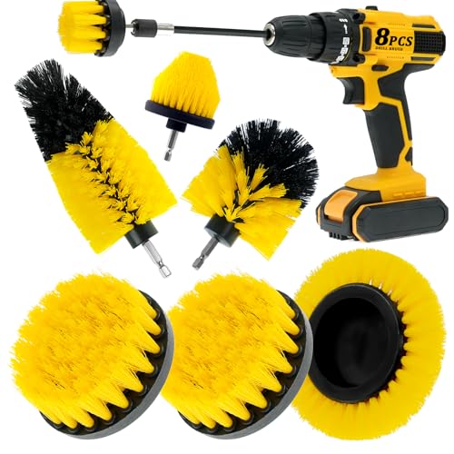 8 Pcs Drill Brush Attachment Set - Power Scrub Brush Kit | Brush Drill with Extend Long Attachmen - All Purpose Household Cleaning Brushes for Car, Grout, Floor, Tub, Bathroom - color: Yellow